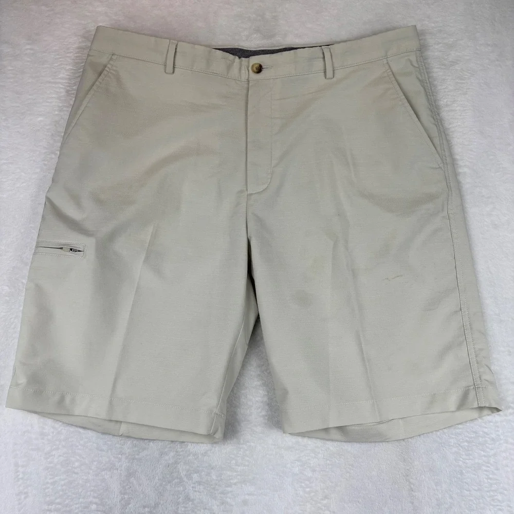 Greg Norman Mens Golf Shorts Stone Beige Size 38 Performance Flat Back Shark